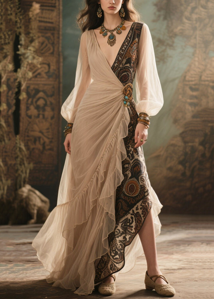 Beige Patchwork Tulle Vestidos Dresses Asymmetrical Design Summer