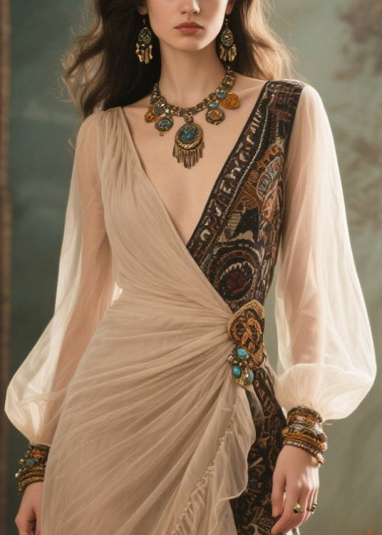 Beige Patchwork Tulle Vestidos Dresses Asymmetrical Design Summer