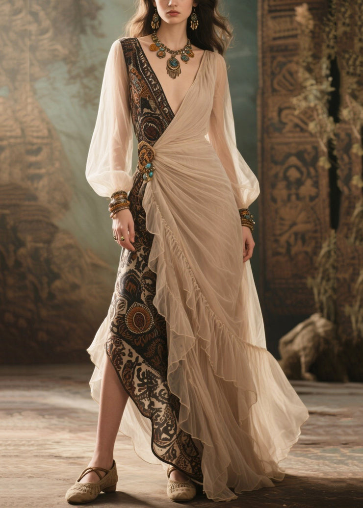 Beige Patchwork Tulle Vestidos Dresses Asymmetrical Design Summer