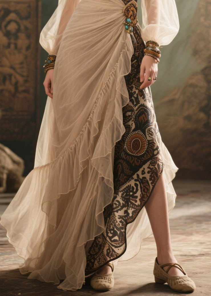 Beige Patchwork Tulle Vestidos Dresses Asymmetrical Design Summer