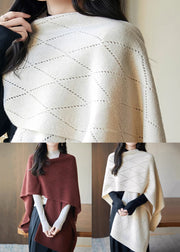 Beige Plaid Cozy Knit Shawl Sweaters Hollow Out