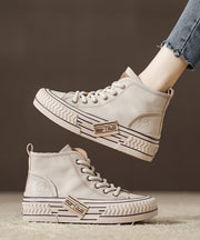 Beige Platform Soled Cowhide Casual Lace Up High Top Board Shoes