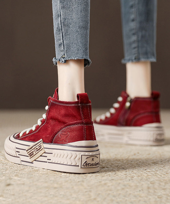 Beige Platform Soled Cowhide Casual Lace Up High Top Board Shoes