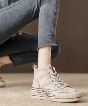 Beige Platform Soled Cowhide Casual Lace Up High Top Board Shoes