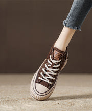 Beige Platform Soled Cowhide Casual Lace Up High Top Board Shoes