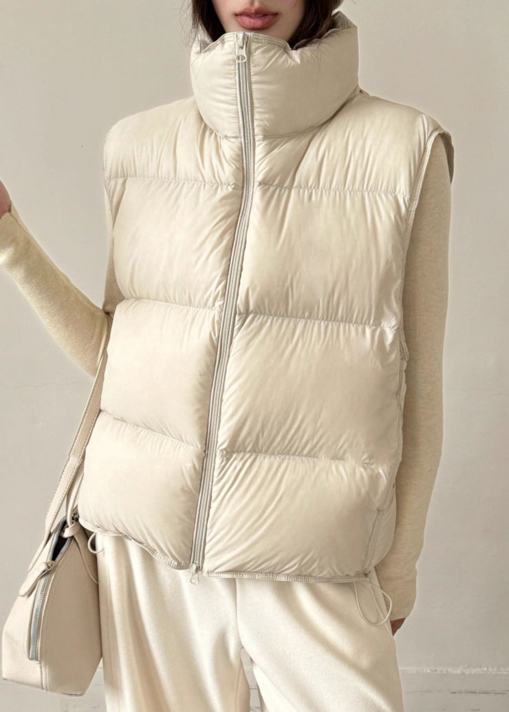 Beige Pockets Duck Down Waistcoat Stand Colla Sleeveless