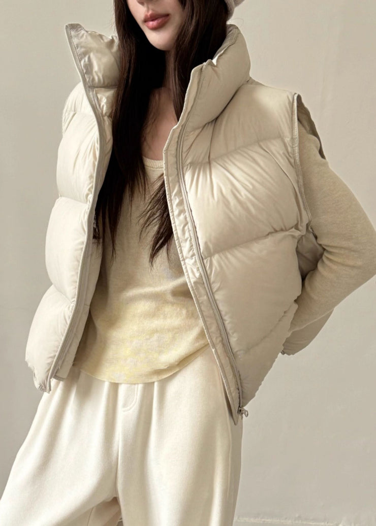 Beige Pockets Duck Down Waistcoat Stand Colla Sleeveless