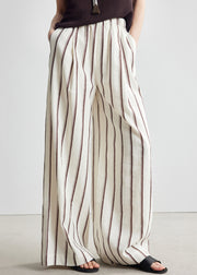 Beige Pockets Elastic Waist Linen Wide Leg Pants Striped