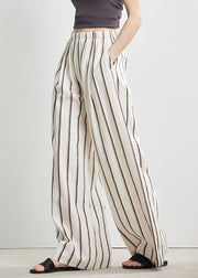 Beige Pockets Elastic Waist Linen Wide Leg Pants Striped