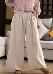 Beige Pockets Loose Linen Wide Leg Pants Elastic Waist Summer