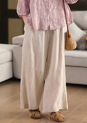 Beige Pockets Loose Linen Wide Leg Pants Elastic Waist Summer