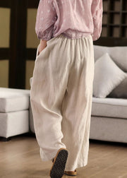 Beige Pockets Loose Linen Wide Leg Pants Elastic Waist Summer
