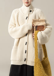 Beige Pockets Solid Cotton Knit Cardigan Long Sleeve