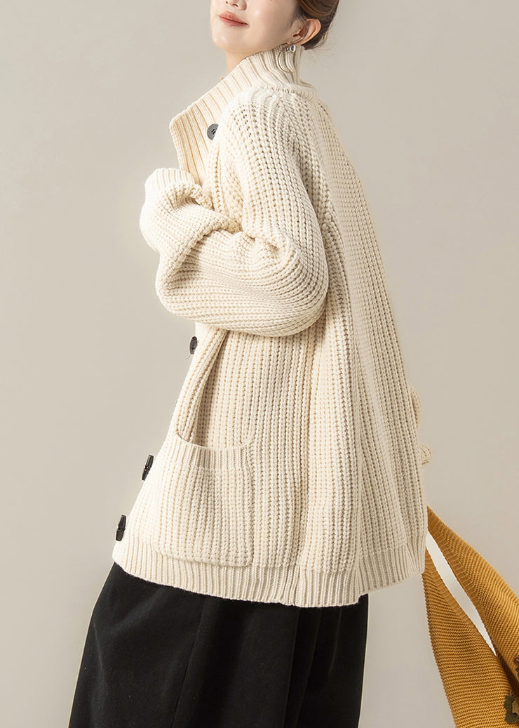 Beige Pockets Solid Cotton Knit Cardigan Long Sleeve