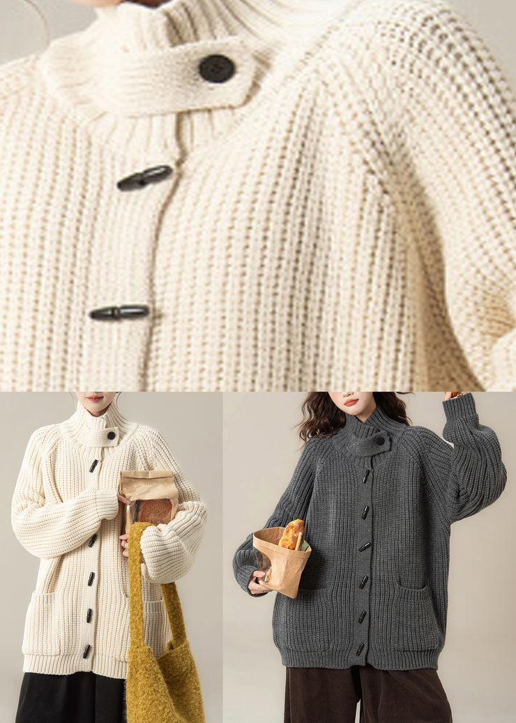 Beige Pockets Solid Cotton Knit Cardigan Long Sleeve