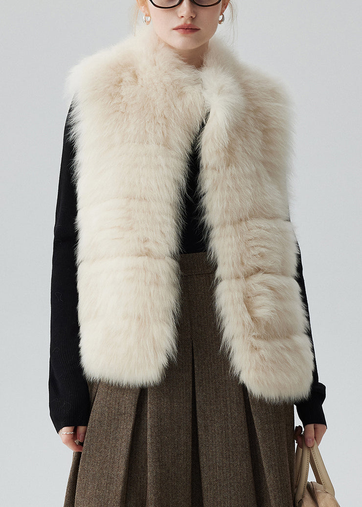 Beige Pockets Solid Leather And Fur Waistcoat Winter