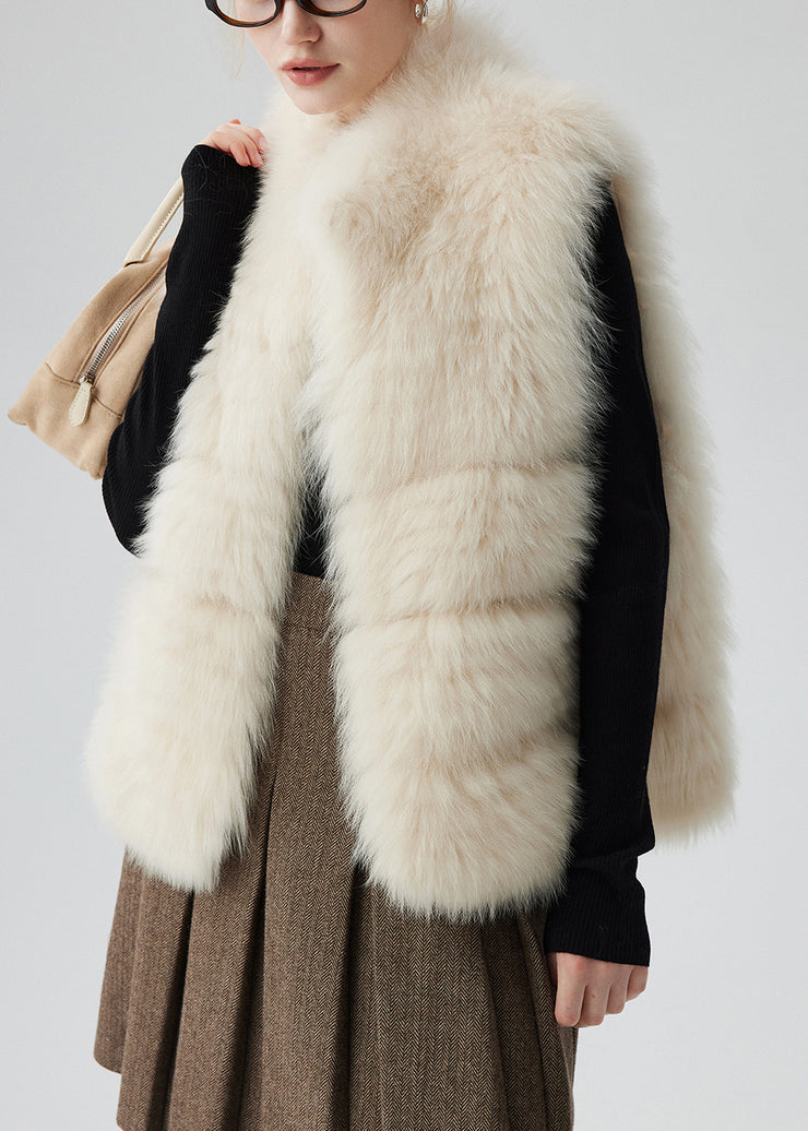 Beige Pockets Solid Leather And Fur Waistcoat Winter