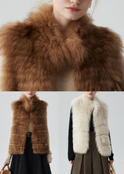 Beige Pockets Solid Leather And Fur Waistcoat Winter