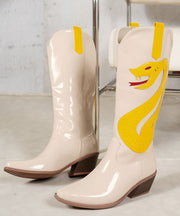 Beige Pointed Toe Splicing Faux Leather Chunky Boots