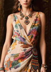 Beige Print Chiffon Beach Dresses Tasseled Asymmetrical Design Summer