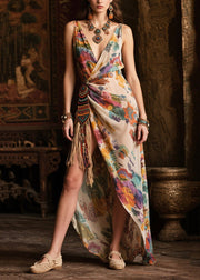 Beige Print Chiffon Beach Dresses Tasseled Asymmetrical Design Summer
