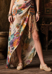 Beige Print Chiffon Beach Dresses Tasseled Asymmetrical Design Summer