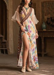Beige Print Chiffon Holiday Dress Side Open Flare Sleeve