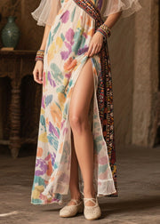 Beige Print Chiffon Holiday Dress Side Open Flare Sleeve
