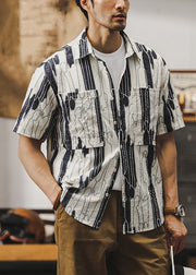 Beige Print Pockets Cotton Summer Mens Shirt Peter Pan Collar