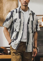 Beige Print Pockets Cotton Summer Mens Shirt Peter Pan Collar