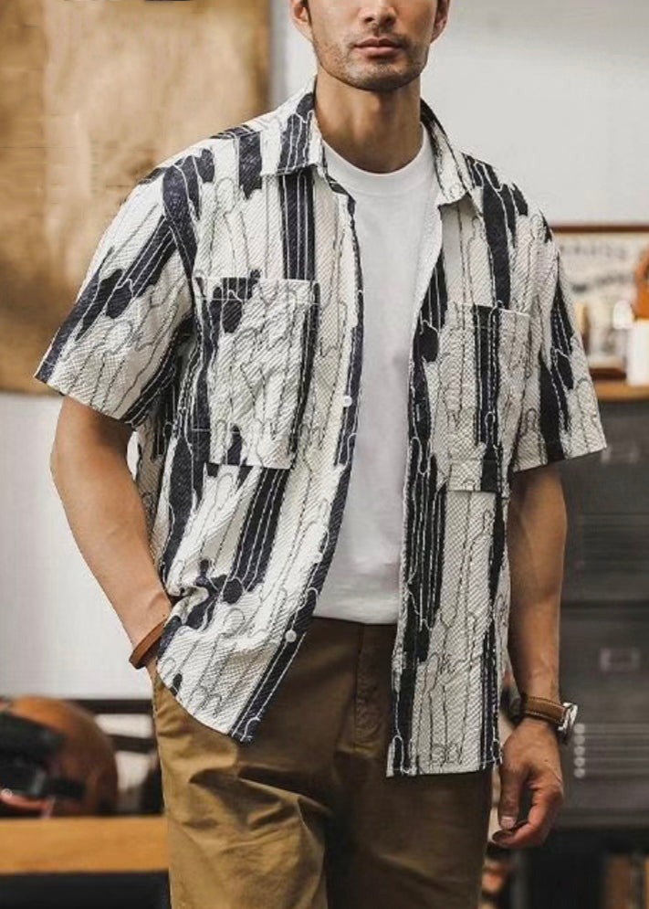 Beige Print Pockets Cotton Summer Mens Shirt Peter Pan Collar