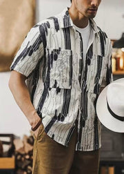 Beige Print Pockets Cotton Summer Mens Shirt Peter Pan Collar
