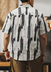 Beige Print Pockets Cotton Summer Mens Shirt Peter Pan Collar