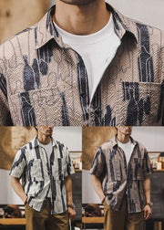 Beige Print Pockets Cotton Summer Mens Shirt Peter Pan Collar