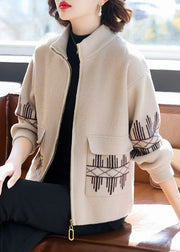 Beige Print Pockets Woolen Fall Coats Zippered