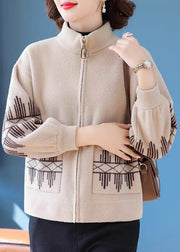 Beige Print Pockets Woolen Fall Coats Zippered