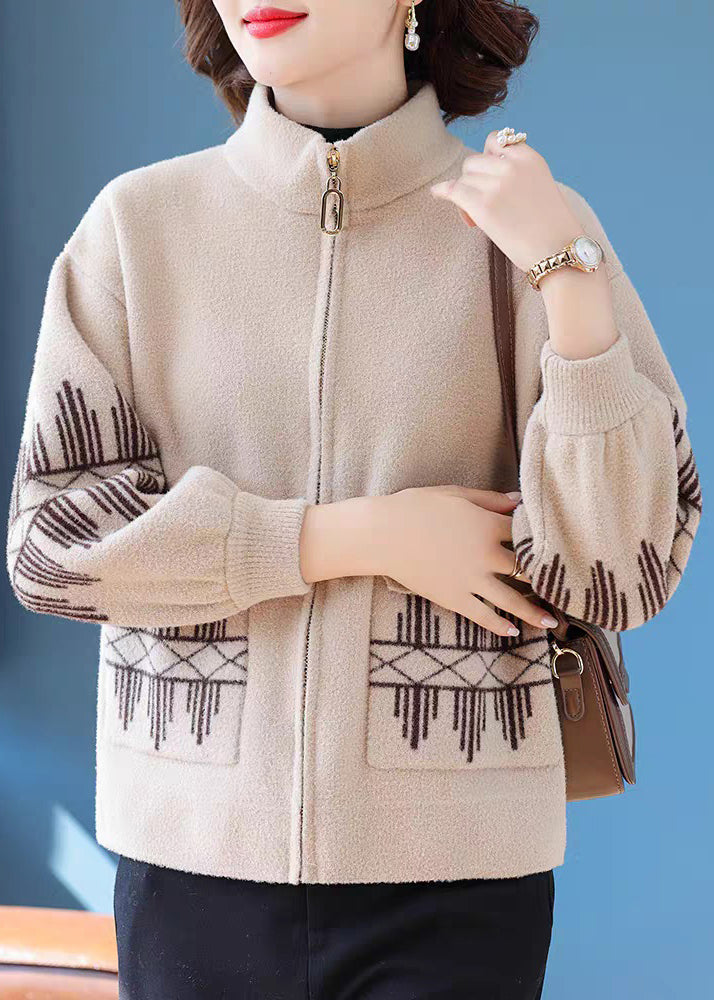 Beige Print Pockets Woolen Fall Coats Zippered