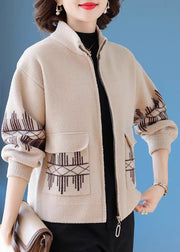 Beige Print Pockets Woolen Fall Coats Zippered