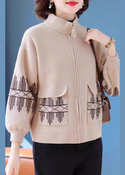 Beige Print Pockets Woolen Fall Coats Zippered
