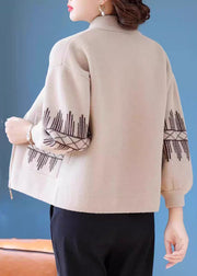 Beige Print Pockets Woolen Fall Coats Zippered