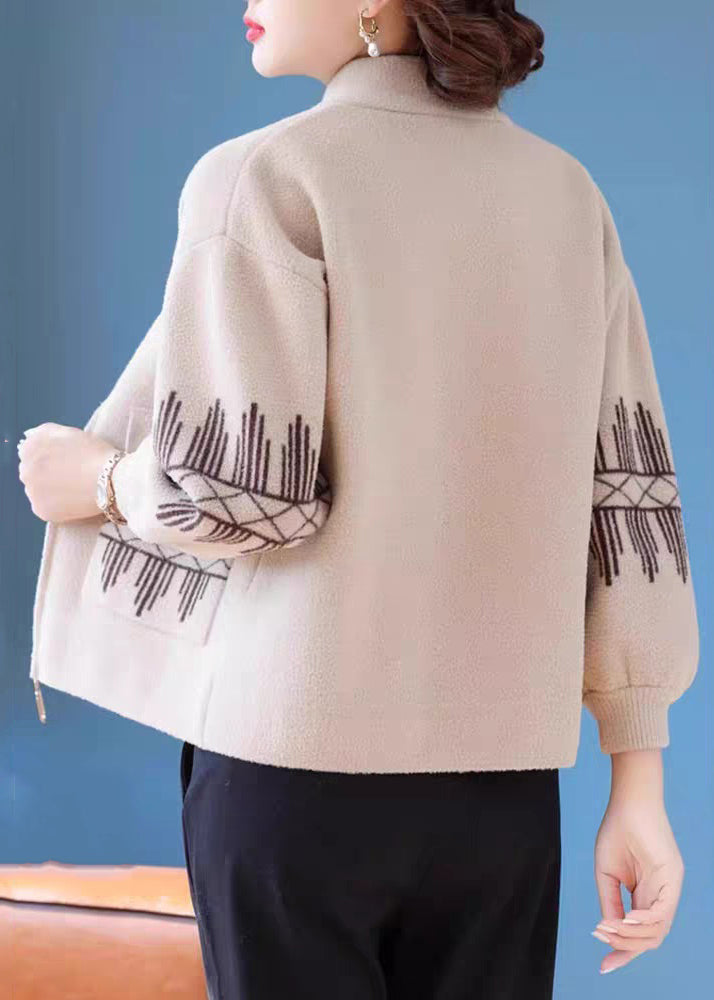 Beige Print Pockets Woolen Fall Coats Zippered