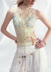 Beige Print Thin Tulle Tank Sleeveless Turtleneck