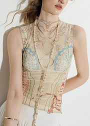 Beige Print Thin Tulle Tank Sleeveless Turtleneck