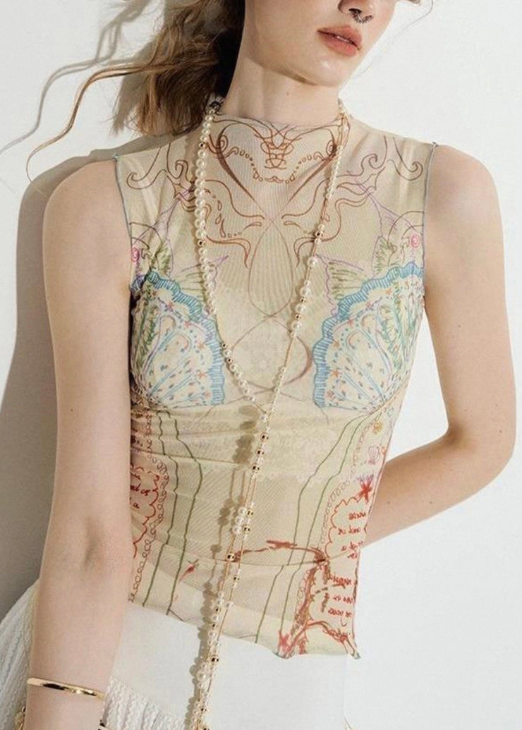 Beige Print Thin Tulle Tank Sleeveless Turtleneck