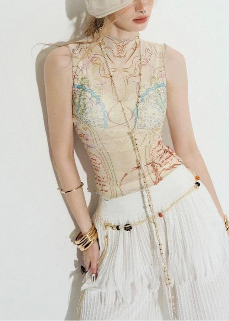Beige Print Thin Tulle Tank Sleeveless Turtleneck