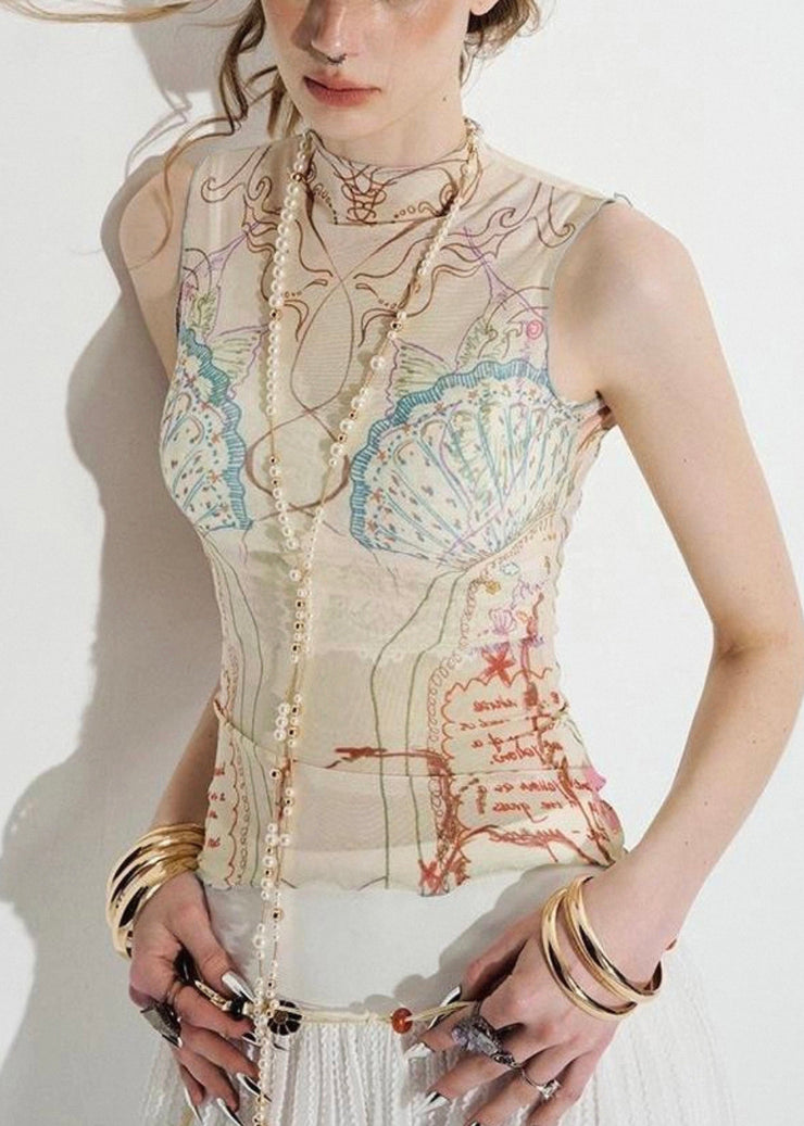 Beige Print Thin Tulle Tank Sleeveless Turtleneck