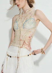 Beige Print Thin Tulle Tank Sleeveless Turtleneck