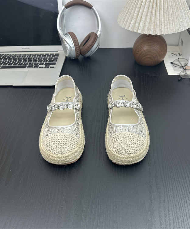 Beige Sequins Zircon Buckle Strap Splicing Platform Flat Shoes