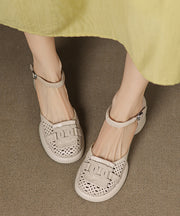 Beige Sheepskin Buckle Strap Splicing Chunky Heel Sandals
