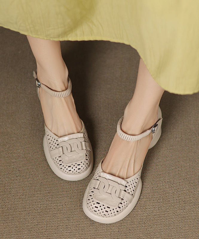 Beige Sheepskin Buckle Strap Splicing Chunky Heel Sandals